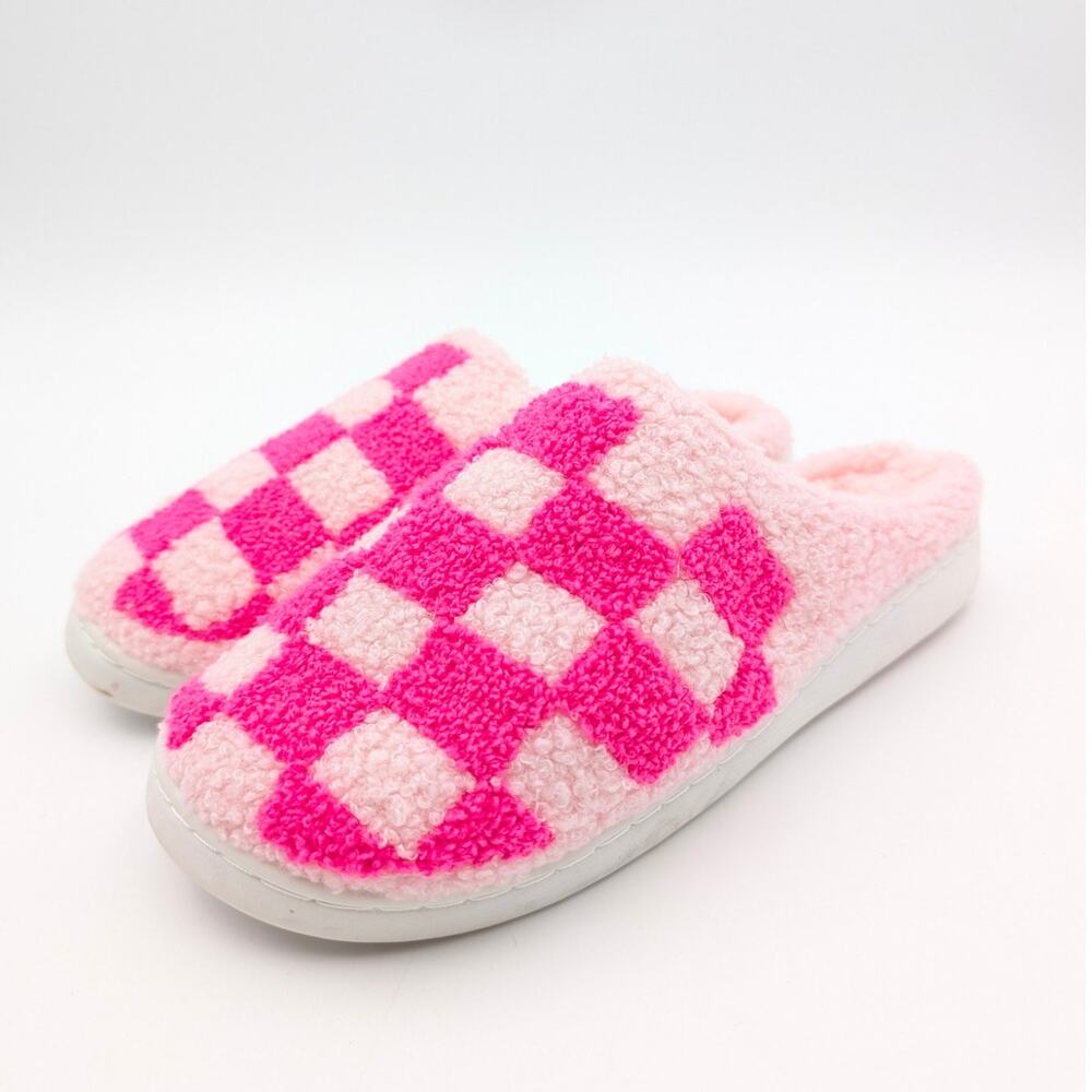 Mia Cozi Faux Fur Check Slide Slippers Backless Women's Pink Size US8M EU39